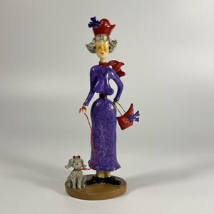 Red Hat Lady Walking Small White Dog, Sandy Gervais figure 8" X 3"
